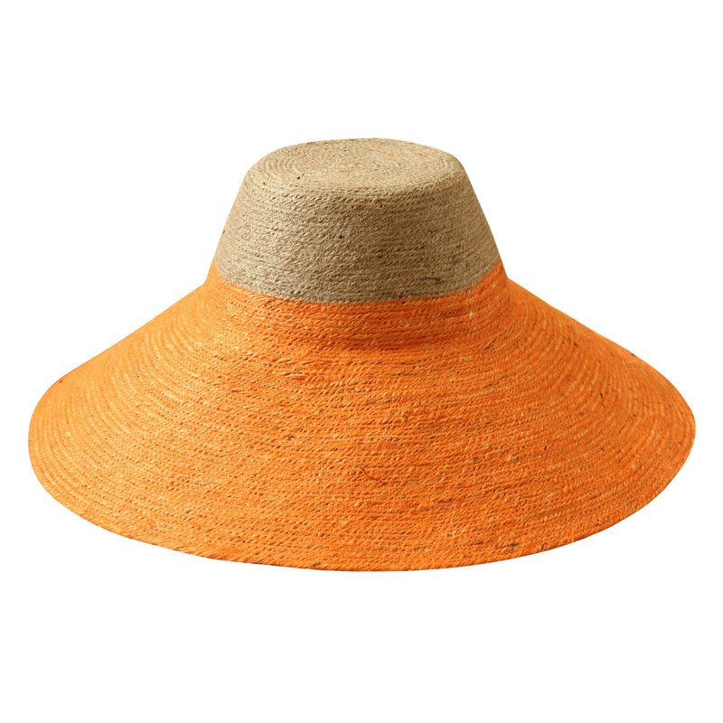 Duo color tone handwoven beach straw hat in natural and pumpkin orange color, handmade from natural jute straw by local artisan in Bali. Handmade vacation wide-brim hat with domed down brim for maximum sun protection. Sustainably made by female artisan community in Indonesia for resort vacation season.