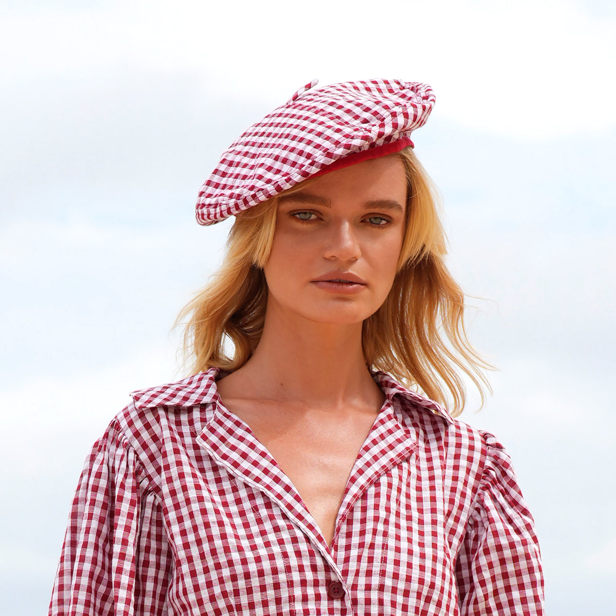 Artisanal Simone French Beret Hat In Summer Gingham Plaid Motif In Red Color for Vacation, Resort Trip, beach party, French Olympic Travel, Pool Party