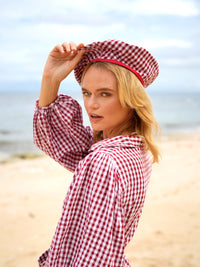 Artisanal Simone French Beret Hat In Summer Gingham Plaid Motif In Red Color for Vacation, Resort Trip, beach party, French Olympic Travel, Pool Party