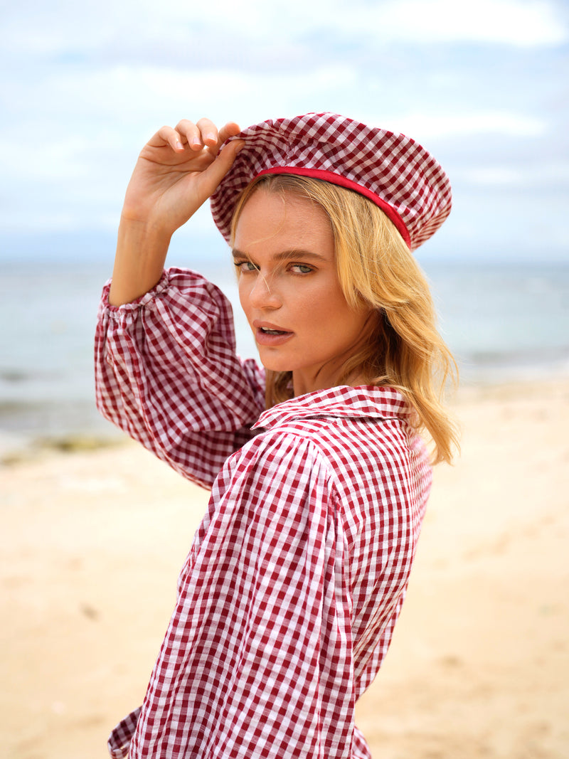 Artisanal Simone French Beret Hat In Summer Gingham Plaid Motif In Red Color for Vacation, Resort Trip, beach party, French Olympic Travel, Pool Party