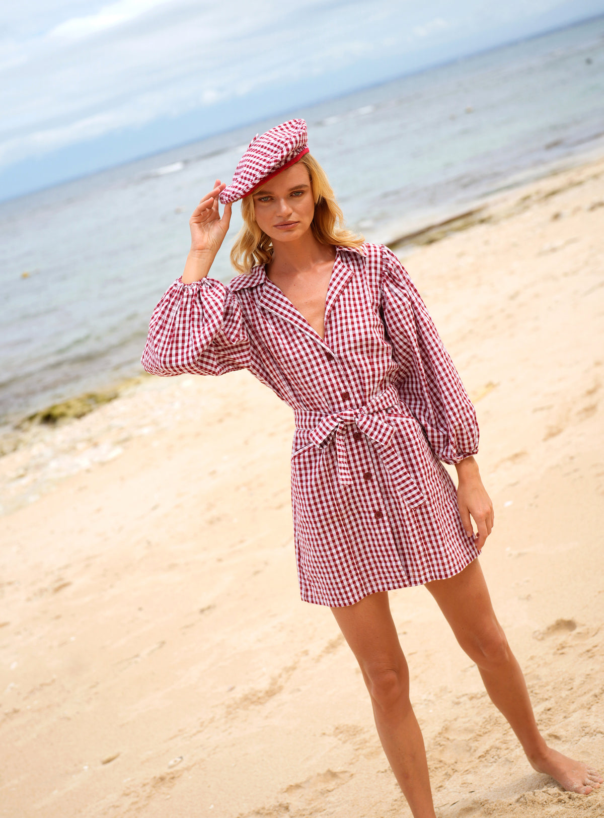 Artisanal Simone French Beret Hat In Summer Gingham Plaid Motif In Red Color for Vacation, Resort Trip, beach party, French Olympic Travel, Pool Party