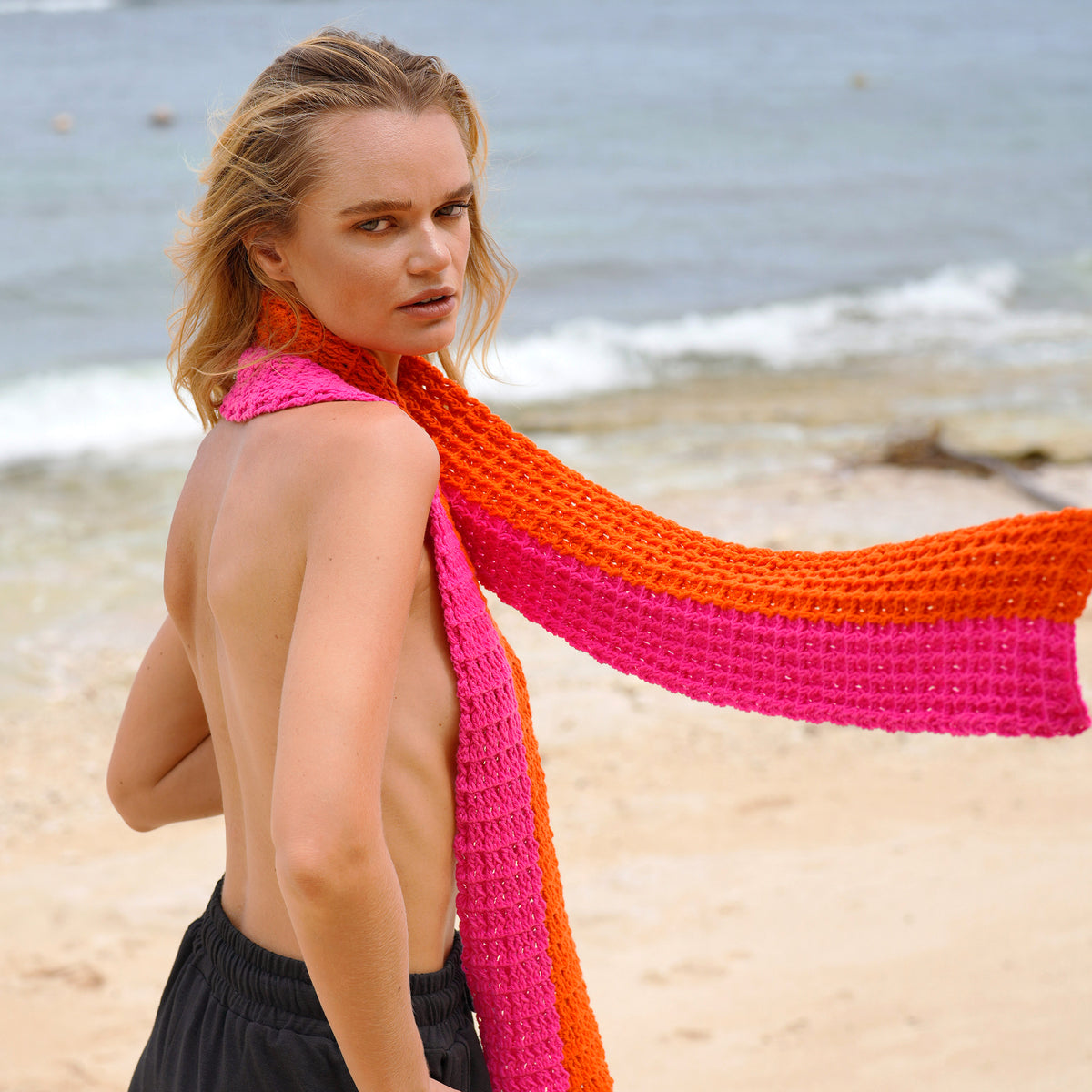 Waffle Cotton Crochet Knit Scarf in Hot Pink & Orange, Holiday gift